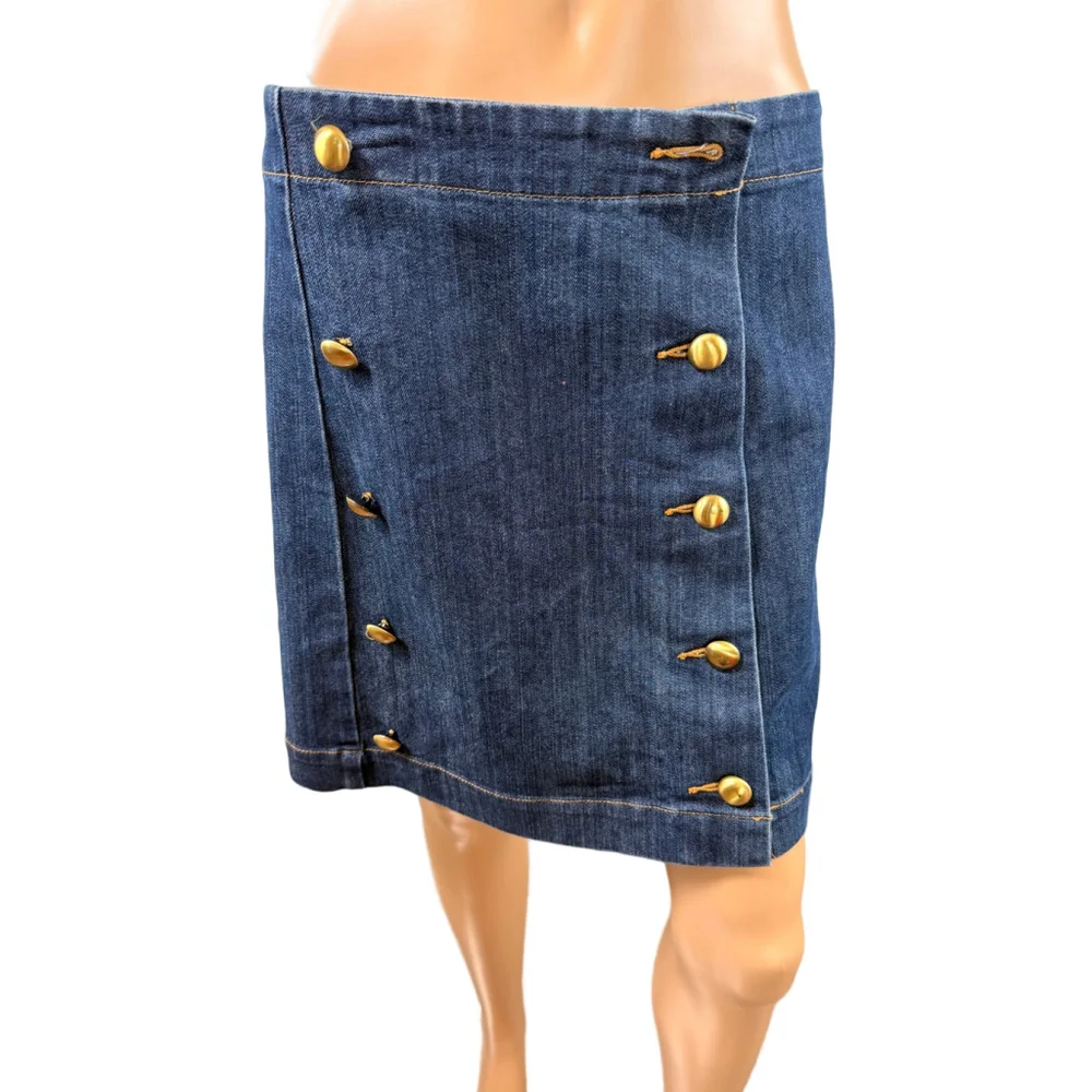 Women's Michael Kors Blue Denim Mini Skirt Gold Buttons 6 Y2K Retro Indie Sleaze